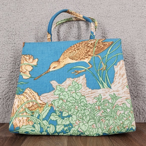 Margaret Smith Tote Bag Blue Bird Seashell Print Top Handle Purse Vintage
